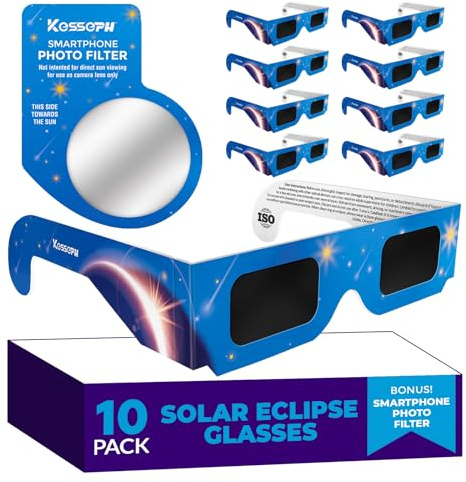 Kesseph Sonnenfinsternis-Brillen 2026 (10er-Pack) – CE- & ISO-zertifizierte Schutzbrillen für die sichere Sonnenbeobachtung, inkl. Smartphone-Filter, Design: Blaue Sterne