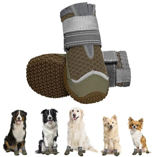 Eyein Hundeschuhe Pfotenschutz, 2 Stück atmungsaktiv Hundeschuhe mit Rutschfester Sohle und reflektierendem Klettverschluss für kleine, mittlere und große Hunde, Sport im Freien, Braun, Größe 6