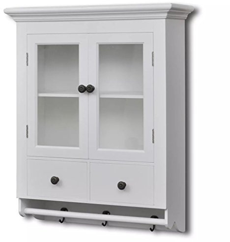 Gecheer Küchenhängeschrank Küche Wandschrank Hängeschrank Küchenschrank mit Glastür,Küchenzeile Küchenmöbel Badschrank Wandboard Regal 59 x 22,5 x 74 cm (L x B x H) mit 2 Schubladen und 2 Regalen