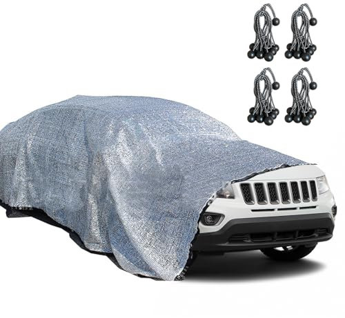 MaxAwe Alu Schattennetz, Auto Sonnensegel Atmungsaktiv Sonnenschutz UV Schatten Hitzeschutz, 75% Verdunkelungsstoff mit Elastisches SeilX4, Auto Abdeckung für Gewächshaus Camping Garten Dach(3X4m)