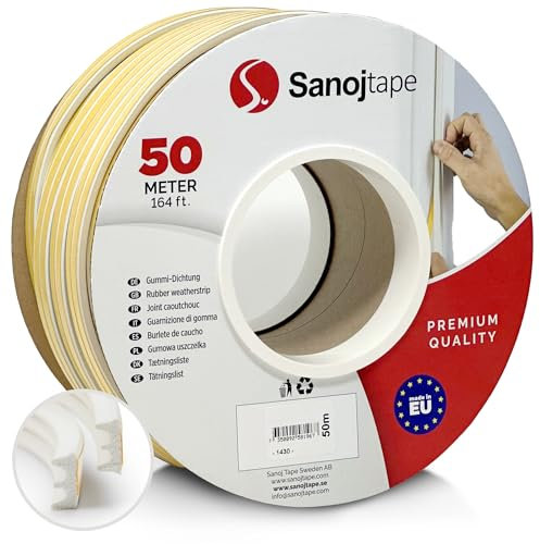 Sanojtape Dichtungsband E-Profil Weiß 50 Meter Selbstklebende EPDM-Gummidichtung Ideal Dämmung Isolierung Fenstern Türen