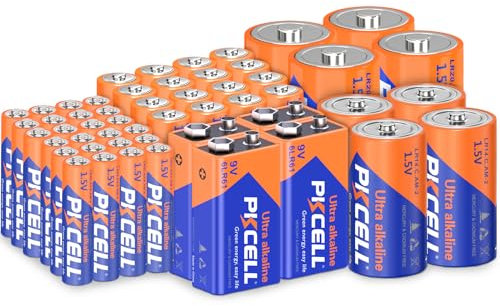 PKCELL Pilas alcalinas 16 AA y 24 AAA y 4 C y 4 D y 4 9 V,para la electrónica doméstica,52 Unidades