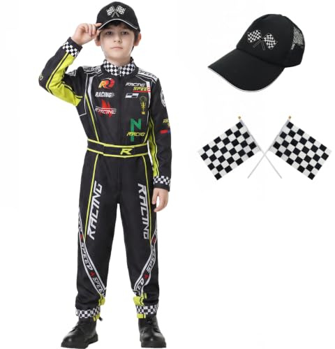 KUKIKUKI Costume de pilote de voiture de course Combinaison de pilote de course avec casquette Kids Dress Up for Halloween (Noir, 110)
