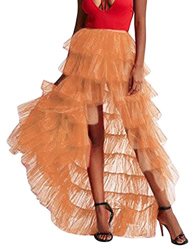 2024 AI - Damen Kuchen Rock mit hoher Taille Faltenrock Blasenrock Lang High Low Rüschen Party Tüllrock Flieder (Orange, One Size)