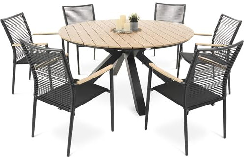 di volio Gartenmöbel ORVIETO, Gartenmöbel-Set für 6-8 Personen - runder Esstisch & 6-8 Stühle, Kunstholz & Aluminium, Bequeme Stühle mit Armlehnen (6+1)