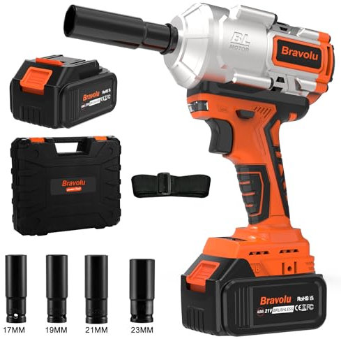 Bravolu Avvitatore ad Impulsi, 21V Brushless 1000Nm Avvitatori a Massa Battente 3800 IPM, 4,0Ah Batteria, Mandrino 13mm (1/2), 4 x Chiavi A Bussola