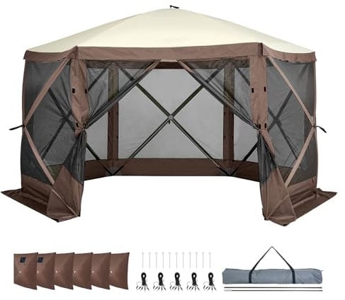 VEVOR Pop-Up-Pavillonzelt, Pop-Up-Zelt mit 6-seitigem Baldachin, Sonnenschutz mit 6 abnehmbaren Sichtschutz-Windtüchern und Netzfenstern, 12,5 x 12,5 Fuß, Schnellaufbau-Zelt mit Moskitonetz, braun