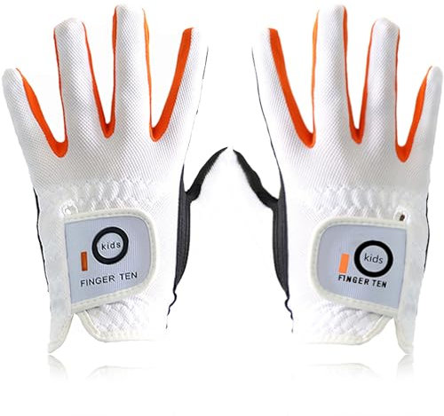 FINGER TEN Golfhandschuhe Kinder Jugend Junior Mädchen 1 Paar, Junge Golf Handschuhe Atmungsaktive Mikrofaser Synthetische für Alter 4-13 Jahre (Weiß, M)