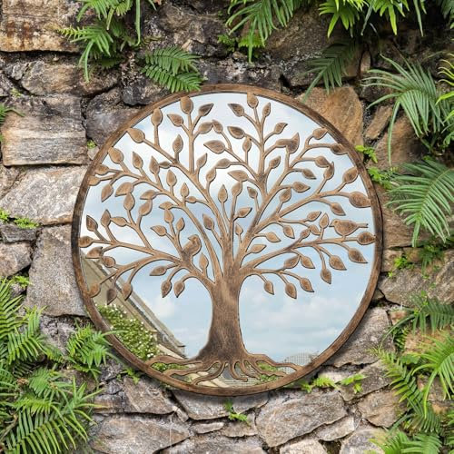 DEENZ The Outdoor Living Collection Round Tree Mirror Metal Black Brush Gold Home Decor Wall Art (65 Cm)