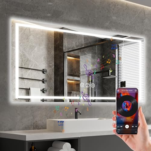 Ratsamee Bluetooth Miroir Salle de Bain avec Éclairage 60×100cm, Miroir Mural avec Éclairage Frontal, avec Fonction Antibuée, Dimmable, avec 3 Couleurs Lumière avec Haut-Parleur Bluetooth