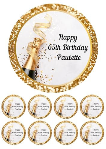 Edible 7 round personalised Champagne bottle Cake topper and cupcake toppers ANY WORDING ICING PAPER - Birthday/Retirement/Engagement Gold (7 topper with 28 x 2 cupcake toppers)