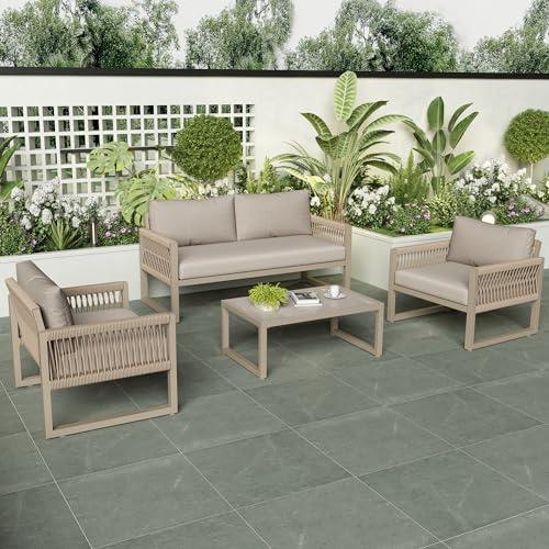 BTM 4 Seater Garden Furniture Set, Garden Sofa with Loveseat and 2 Chairs, Outdoor Furniture Patio Conversation Set with Khaki Metal Frame and Khaki Cushions for 4 People
