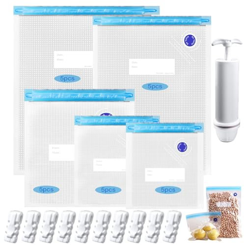 GZLFH 25 Stück Vakuumbeutel Lebensmittel, Vacuum Bags For Food 5 Größen mit Handpumpe und 10 Verschlussclips, Vakuumversiegelte Bags für Lebensmittelaufbewahrung und Vakuumgaren