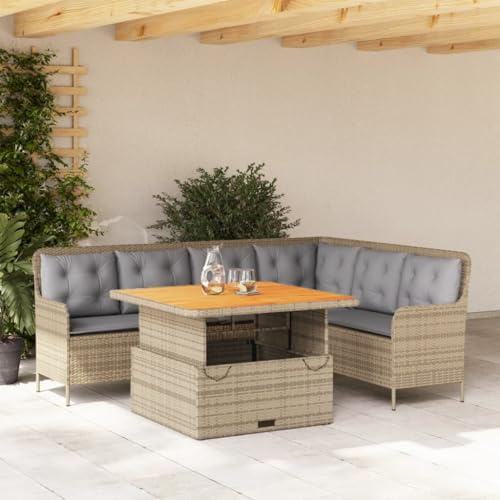 IKAYAA Polyrattan Lounge mit Verstellbare Esstisch 110 x 110 x 40/71 cm, Gartenlounge, Garten Sitzgruppe, Ecklounge, Ecksofa Lounge Möbel, Rattan Gartenmöbel Set inkl.Sitz- und Rückenkissen - Beige