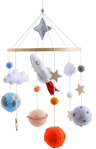 Mobile Baby Windspiele, Baby Mobile mit 3D Rakete Weltraum, Babybett Bettglocke Anhänger Kinderzimmer Babyzimmer Deko, Neugeborenen Geschenk für Baby Jungen und Mädchen