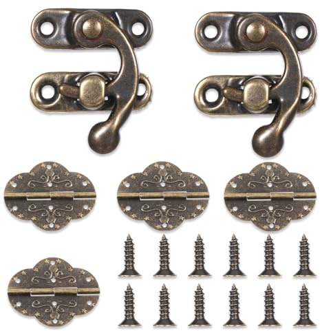 Antike Latch Hook Hasp 2 Stück Antiker Vintage Schnell Verschluss Rechte Riegelhaken Haspe und 4 Stücke Klein Klappscharnier mit 36 Stück Schrauben Retro Verschluss Links für Holzkiste Dekoration