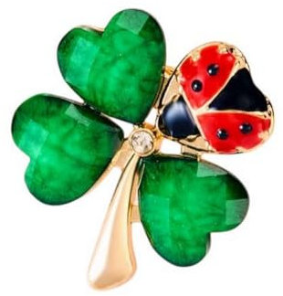 Broche bijou trèfle a quatre feuilles et coccinelle en acier.