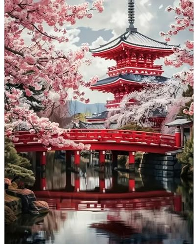 GLIDIAM 40x50cm Diamond Painting Japanische Landschaft, Diamant Malerei Bilder Kirschblüten Brücke, DIY Full Drill Basteln Erwachsene, Mosaik Stickerei Kreuzstich Geschenk für Wanddeko Wohnzimmer