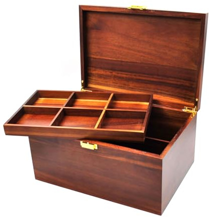 Itvexeme Große Holz Aufbewahrungsbox mit Klappdeckel & Herausnehmbarem Fach, Vintage Akazienholz Schatztruhe (ca. 30,5 x 21,6 x 16 cm) - Ideal für Schmuck, Souvenirs, Werkzeug & Kleinteile
