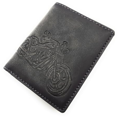 Lemasi Mini-Geldbörse Herren Büffelleder mit Motorrad-Prägung, RFID-Schutz, Münzfach & Kettenöse – kompakte Lederbörse für Biker, 6 Kartenfächer, 8x10,5cm – Vintage Grau