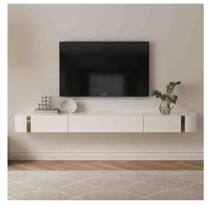 Meuble TV mural flottant pour dessous de TV, console multimédia flottante avec 2 tiroirs, 1 armoire, meuble TV moderne en bois d'hévéa avec plateau en verre trempé (200 x 24 x 18 cm)