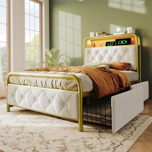 Oxtao Polsterbett 90x200 mit LED und USB, Einzelbett mit 2 Stauraum Schubladen, Polster Kopfteil mit Regal, Stauraumbett Metallbett Jugendbett Bettgestell, Samtstoff (Weiß, Ohne Matratze, 90x200CM)