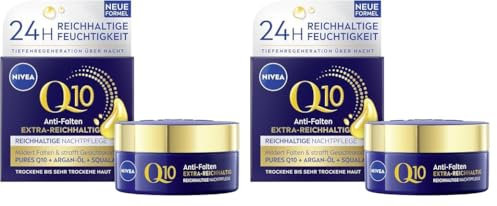 NIVEA Q10 Nachtcreme, straffende Gesichtspflege mit Q10, Bio Argan-Öl und Squalan, Gesichtscreme für sehr trockene Haut, Q10 Anti-Falten EXTRA-REICHHALTIG Reichhaltige Nachtpflege (50 ml)
