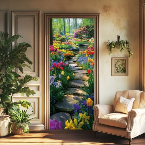 arricraft 2 Pcs Self-Adhesive Door Stickers, 31.5x78.7 Garden Path Green Woodland Flower Pattern Door Murals Stickers PVC Doors Removable Wallpaper Decoration for Bedrooms Living Room