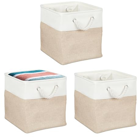 Relaxdays storage basket, set of 3, linen, with rope handles, for clothes, toys, 28x28x28 cm, beige/white