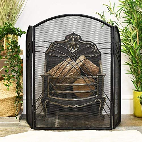 Maynall Manor Three Fold Arched Art Deco Style Black Fireguard Fire Screen – Classic Style Mesh Guard for Log Burners & Open Fires – Spark & Debris Protection