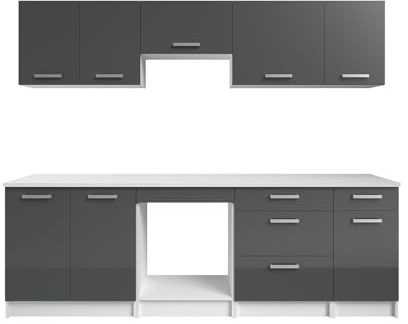 Vente-unique-Cocina Completa - con encimera 240 cm - Gris Brillante y Blanco - TRATTORIA