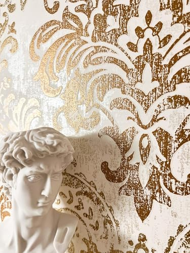 Newroom Vliestapete Weiß Barock Ornament Mustertapete Wohnzimmer | Damast mit Goldschimmer, verwaschener Vintage Used-Look, florale Ranken, Akanthusblätter, Wandtapete, Schlafzimmer, Flur