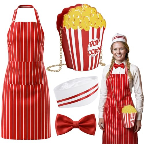 Miemieruw Popcorn Kostüm Damen, 4PCS Popcorn- Umhängetaschen,Kellner Kostüm im 50er Jahre Stil,Schürze Kochmütze Fliege für Fasching Party Karneval