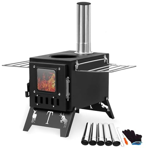 Camping Holzofen - Tragbarer Holzofen mit Edelstahl-Kamin zum Kochen und Heizen im Freien, ideal für Zelt, Eisfischen und Jagd