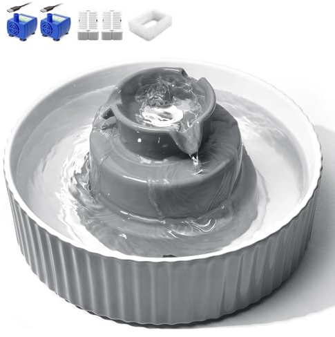 Fontaine à Chat en Céramique, VinDox 2,1 L Fontaine à Boire pour Chat et Chien, Distributeur d'eau pour Chat avec Filtre de Rechange et Pompe Intelligente en Mousse (Gris)-2 Pompes + 2 Filtre