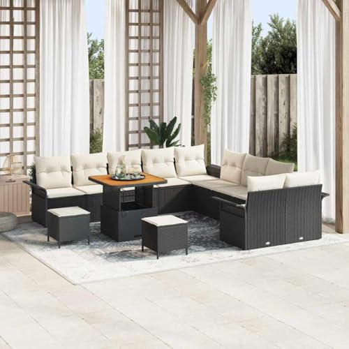 QUAHEAS Modernes Gartensofa-Set, 13-teilig, Schwarz, Poly-Rattan & Akazienholz, Modulares Design, Höhenverstellbarer Tisch für Terrasse, Balkon, Wintergarten