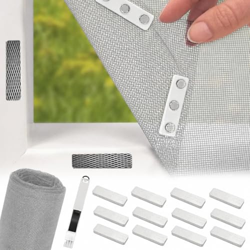 BUZIFU Fliegengitter Fenster mit Magnet Click, 130x150 cm Fiberglas-Fliegengitter Gewebe Zuschneidbares Moskitonetz Insektenschutz mit 12 Magneten Fliegengitter Clips, kein Bohren oder Schrauben