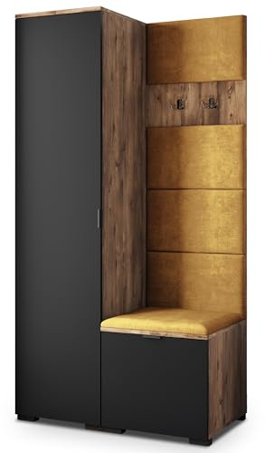 Masseno Flugarderoben Set Lori, Kleiderschrank-Set mit Sitzbank, Garderobenschrank Flur mit 3 Regalböden, Eiche Lefkas/Schwarz