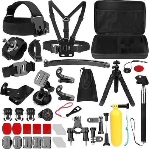 Techsuit GoPro Zubehör Set 50in1 mit Hartschalen Tragetasche, Selfie Stick Mini Stativ, Brust Kopf Helm Halterung, Schwimmender Griff, für GoPro Hero Max SJCAM DJI Osmo Insta360 Action Kamera, Schwarz