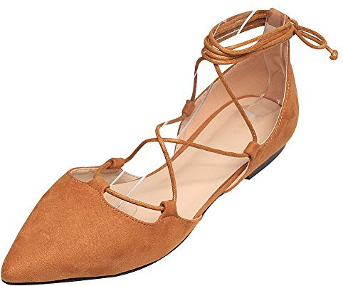 Jamron Donna Morbido Pelle Scamosciata Sintetica Piatto Appuntito Pumps Fantasia Croce con Cordoncino Ballerine Marrone SN02323 EU37