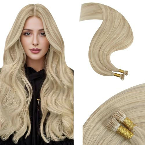 Moresoo Ash Blonde I Tip Hair Extensions Real Human Hair Ash Blonde with Platinum Blonde Keratin Bonded Hair Extensions Stick Tip Human Hair Extensions 20 Inch 40g/50s #P18/613