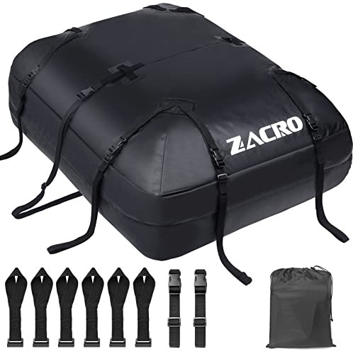 Zacro Car Roof Bag - 15 Cubic Feet (425 L) Waterproof Box - Straps for Any Vehicle With/Without Rack/Rails/Bars - Foldable Top Carrier With 10 Reinforced Straps and 6 Door Hooks
