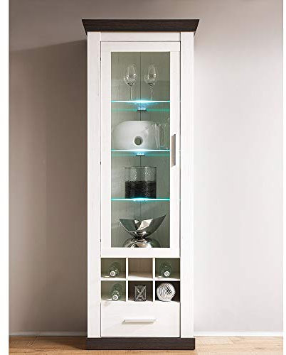 Lomadox Landhaus Stand-Vitrine in Pinie weiß & Wenge Nb. inkl. LED-Beleuchtung