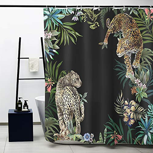 Obal -Duschvorhang, Leoparden im Dschungel schwarzer Hintergrund Badezimmer Vorhänge wasserfeste Schimmelfantaste Polyester schweres Zubehör mit Vorhanghaken waschbar (71 in x 71 Zoll)