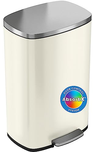 iTouchless SoftStep 13.2 Gallon Stainless Steel Step Pedal Garbage Can with with Odor Control System, 50 Liter Trash Bin for Kitchen, Office, Home - Silent and Gentle Open and Close, Ivory White
