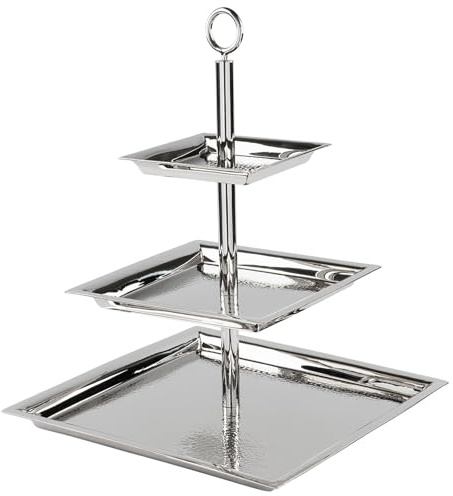 Fink 3-stöckige Etagere 34x34 cm eckiges Stufentablett Edelstahl gehämmert mit Griff