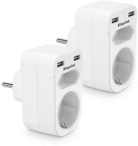 USB Doppelstecker Steckdosen, 2 Stücke Doppelsteckdose Adapter(4000W) mit 2 USB Anschluss (2.4A), Steckdosenverteiler 2 Fach mit USB Ladegerät, USB Stecker Kompatibel für Phone Laptop, Weiß