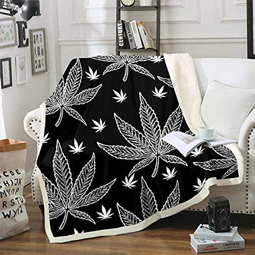Homemissing Marihuana Blatt Decke 150x200cm Cannabis Blätter Kuscheldecke Marihuana Weed Blatt Botanisch Flanell Fleecedeckes und Hanf Wohndecke für Schlafsofa Couch Schwarz Grau