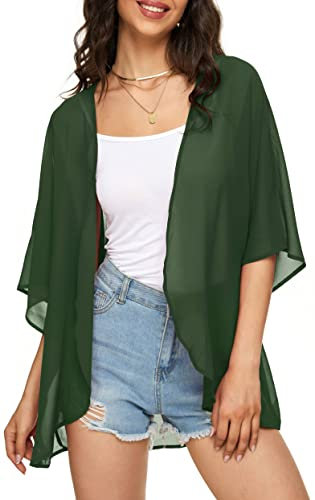 Cardigan kimono da donna con stampa floreale a sbuffo con maniche a maniche corte, B Solido Verde Militare, XXX-Large