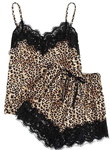 Modaworld Pigiama Donna Canotta Top e Pantaloncini in Raso Senza Maniche Leopardato Pigiama Set Due Pezzi da Donna Estivo Pizzo Sexy Pantaloncini con Coulisse Pigiama 2 Pezzi